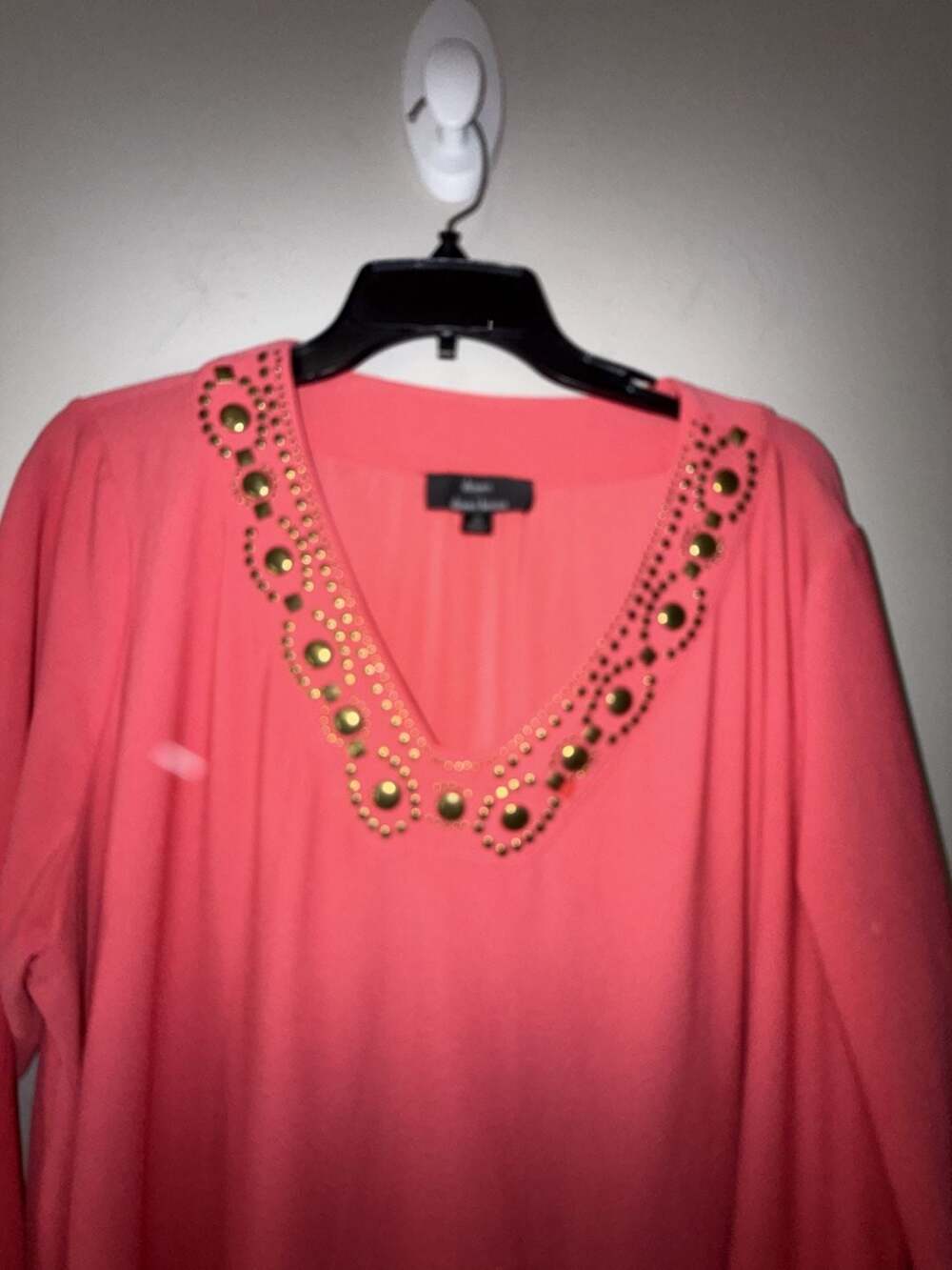 Coral Pink 3/4 Sleeve Pleated Neckline Tunic Top